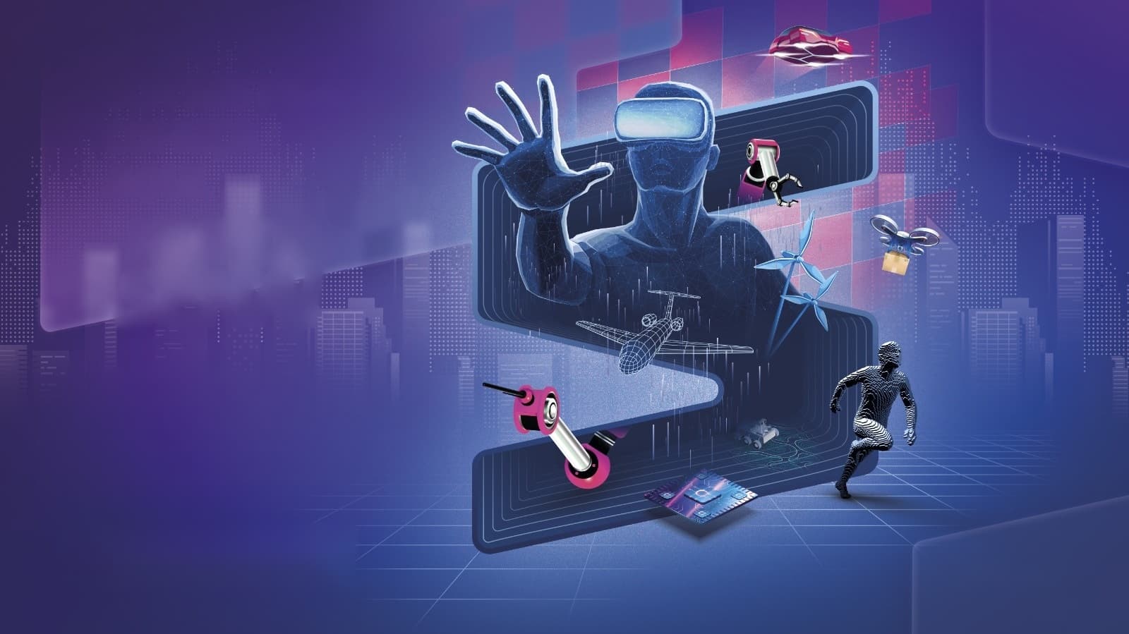Composição visual futurista do Mundo SENAI com realidade virtual, robótica e indústria